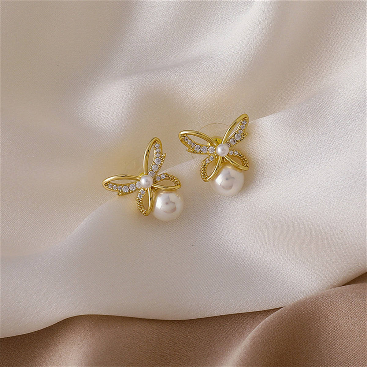 Pearl & Cubic Zirconia Openwork Butterfly Drop Earrings