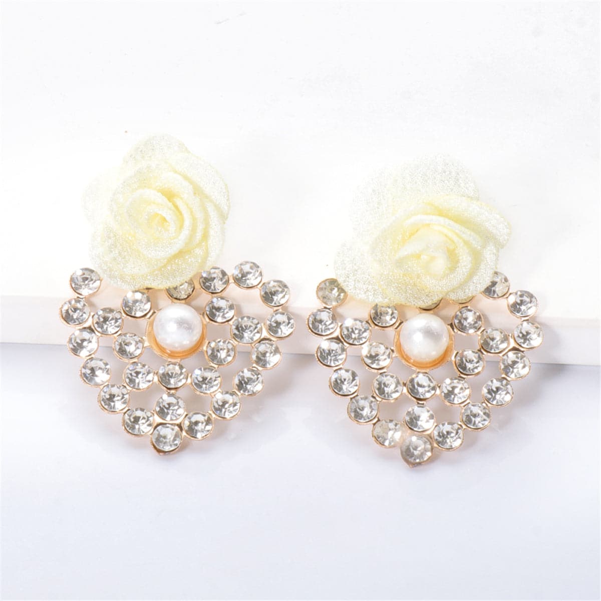 White Lace & Cubic Zirconia Flower Drop Earrings