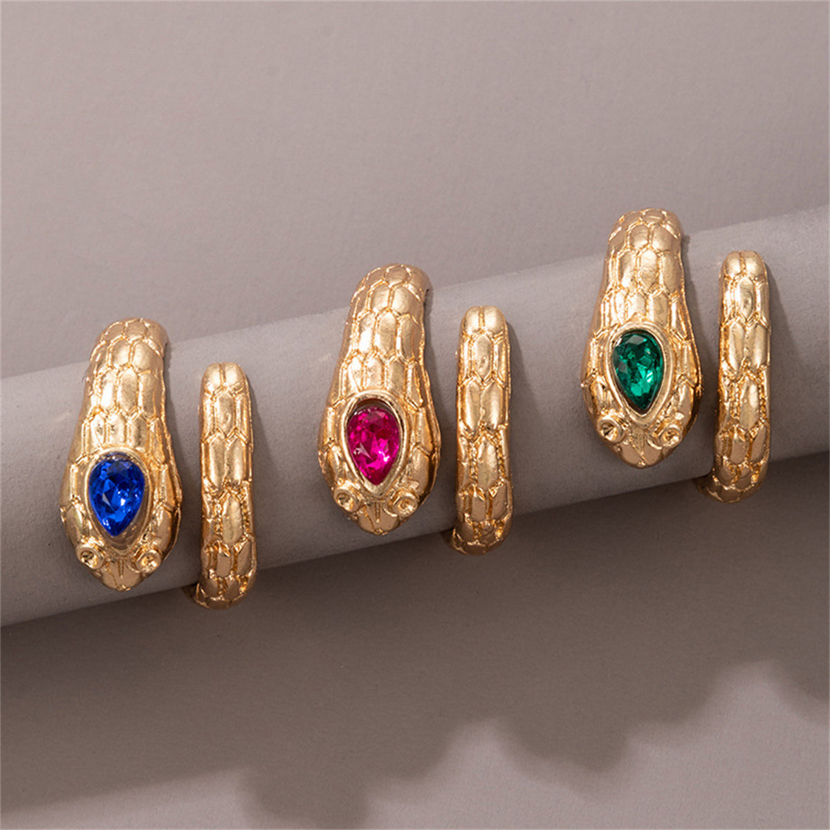 Blue Crystal & 18K Gold-Plated Snake Bypass Ring Set