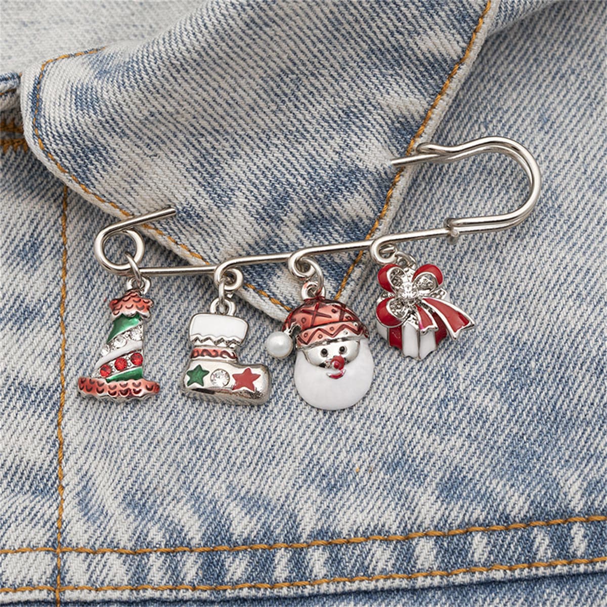 Cubic Zirconia and Silver-Plated Santa Charm Pin Brooch, silver brooch pin, everyday style, side view