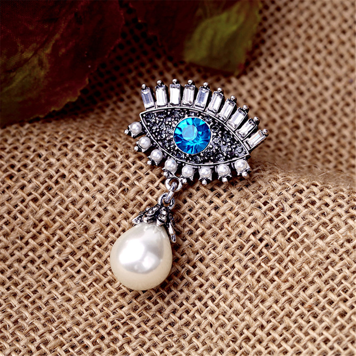 Blue Crystal & Pearl Silver-Plated Eye & Drop Brooch