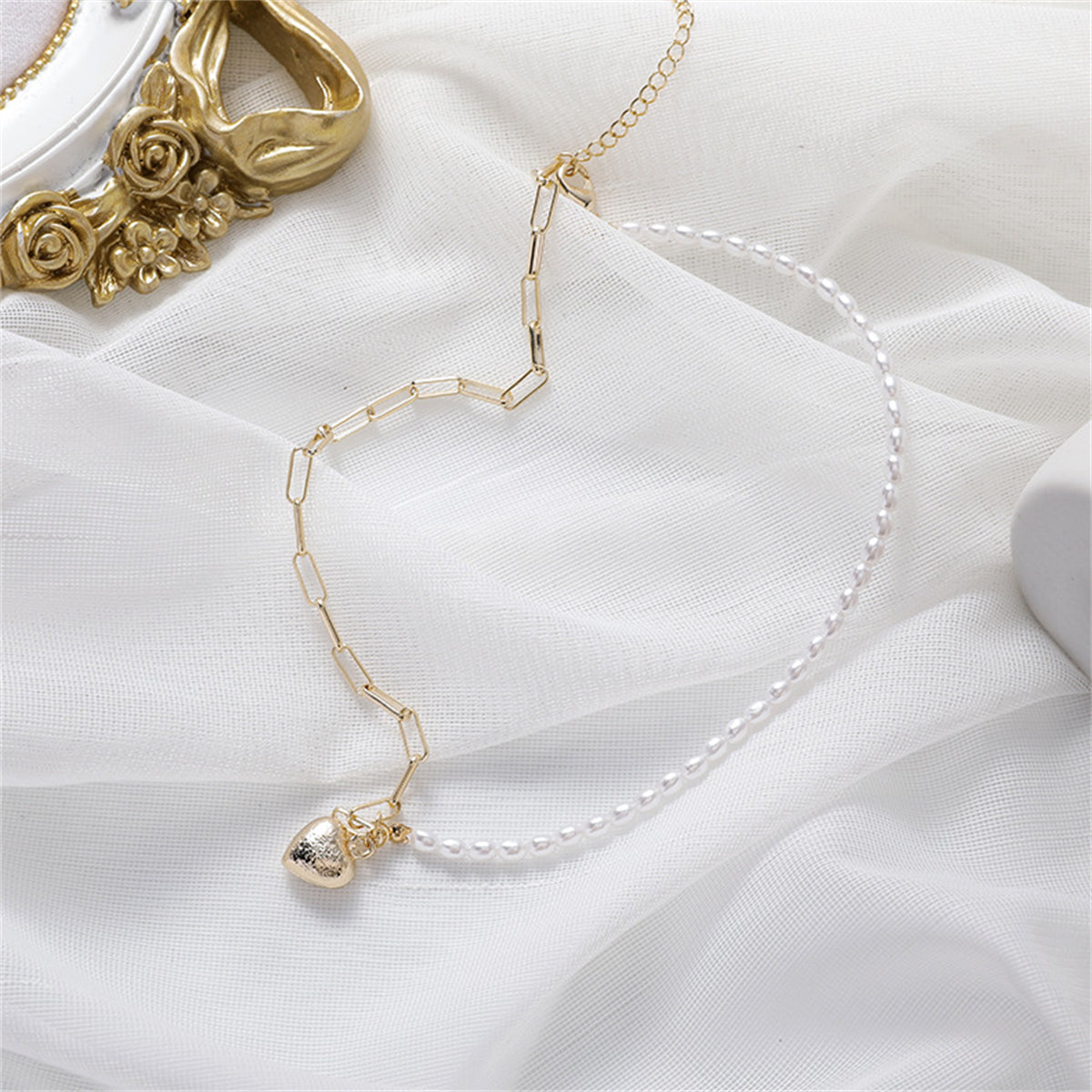 Pearl and 18K Gold-Plated Heart Pendant Necklace, gold pendant necklace for women, dainty minimalist design, styled look