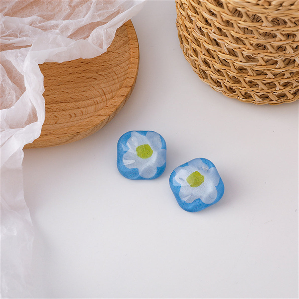 Blue & White Floral Square Stud Earrings
