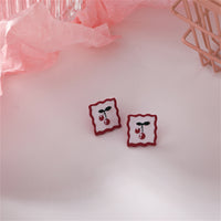 Red Enamel & Silver-Plated Cherry Square Stud Earrings