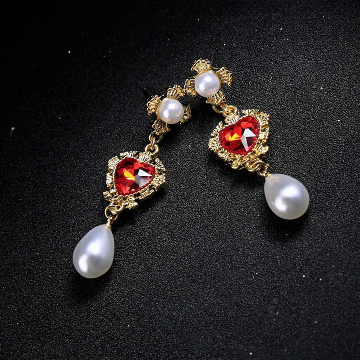 Pearl and Red Crystal 18K Gold-Plated Heart Drop Earrings, gold drop earrings for women, vintage-inspired design, styled look