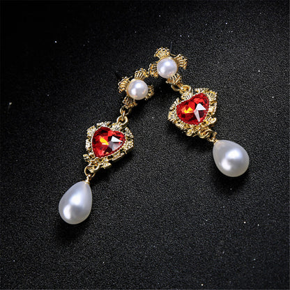 Pearl and Red Crystal 18K Gold-Plated Heart Drop Earrings, gold drop earrings for women, vintage-inspired design, styled look