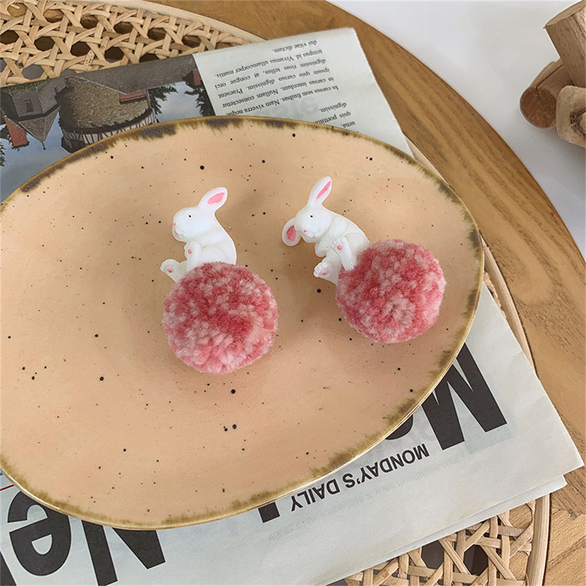 White & Pink Wool Pom-Pom Rabbit Drop Earrings