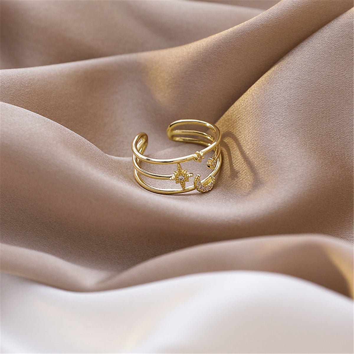 Cubic Zirconia & 18K Gold-Plated Celestial Layered Open Ring
