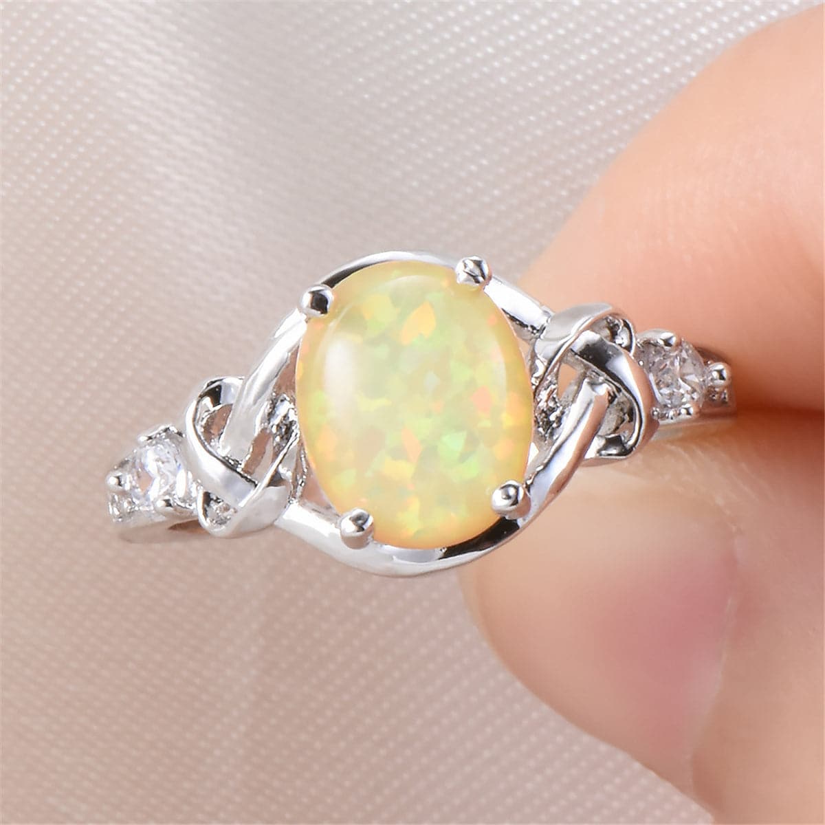 Yellow Opal & Silver-Plated Oval Ring