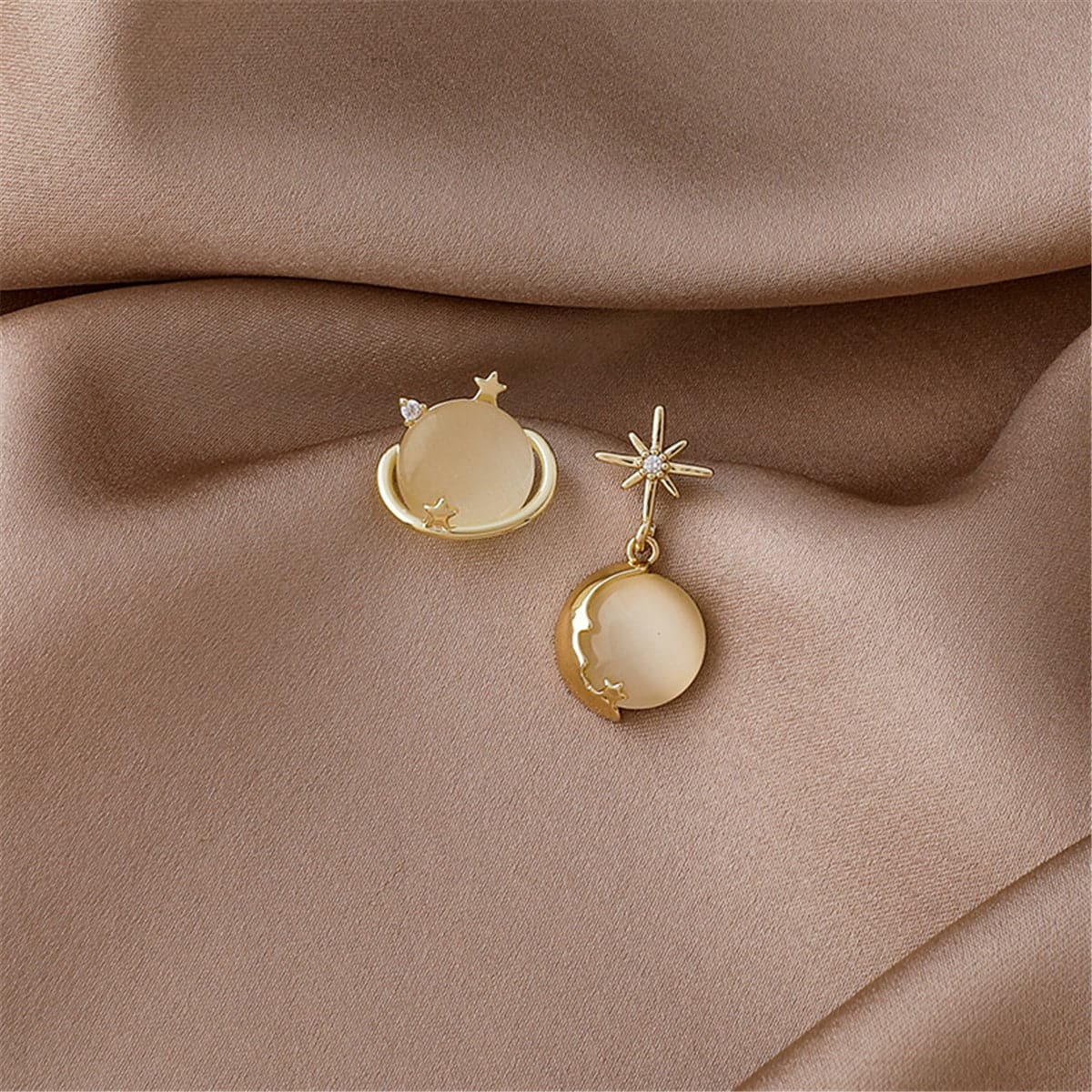 Cat-Eye & 18K Gold-Plated Planet Stud Earring & Moon Drop Earring