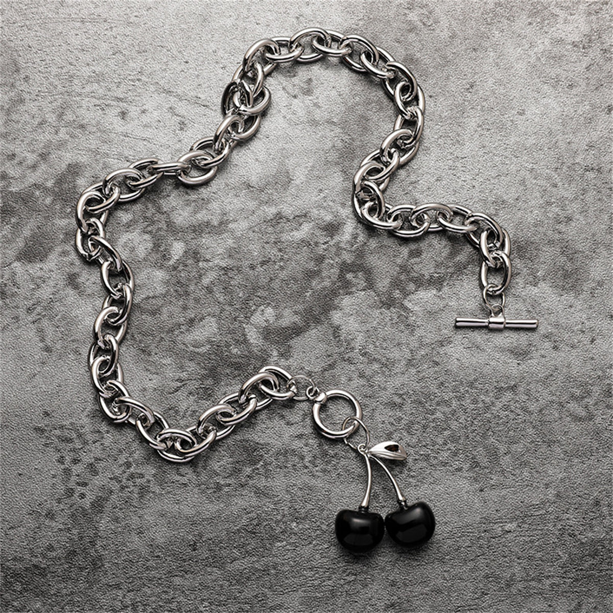Black Enamel & Silver-Plated Cherry Pendant Toggle Necklace