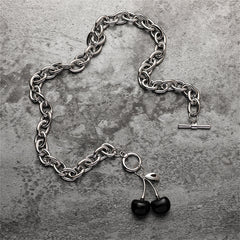 Black Enamel & Silver-Plated Cherry Pendant Toggle Necklace