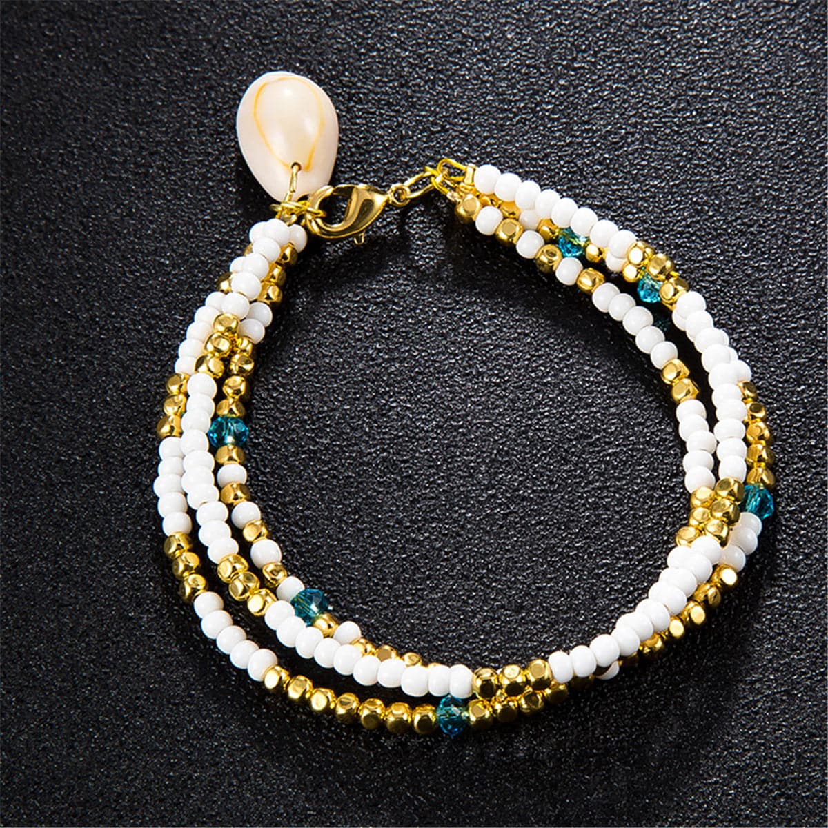 White & 18K Gold-Plated Seashell Beaded Layered Anklet