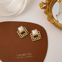 Pearl 18k Gold-Plated Figaro Square Stud Earrings