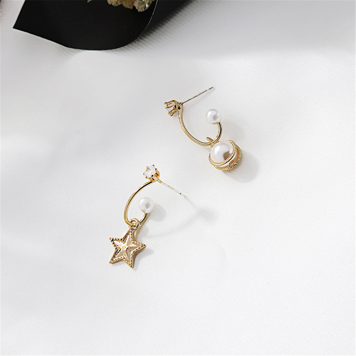 Pearl & Cubic Zirconia Star Asymmetrical Drop Earrings