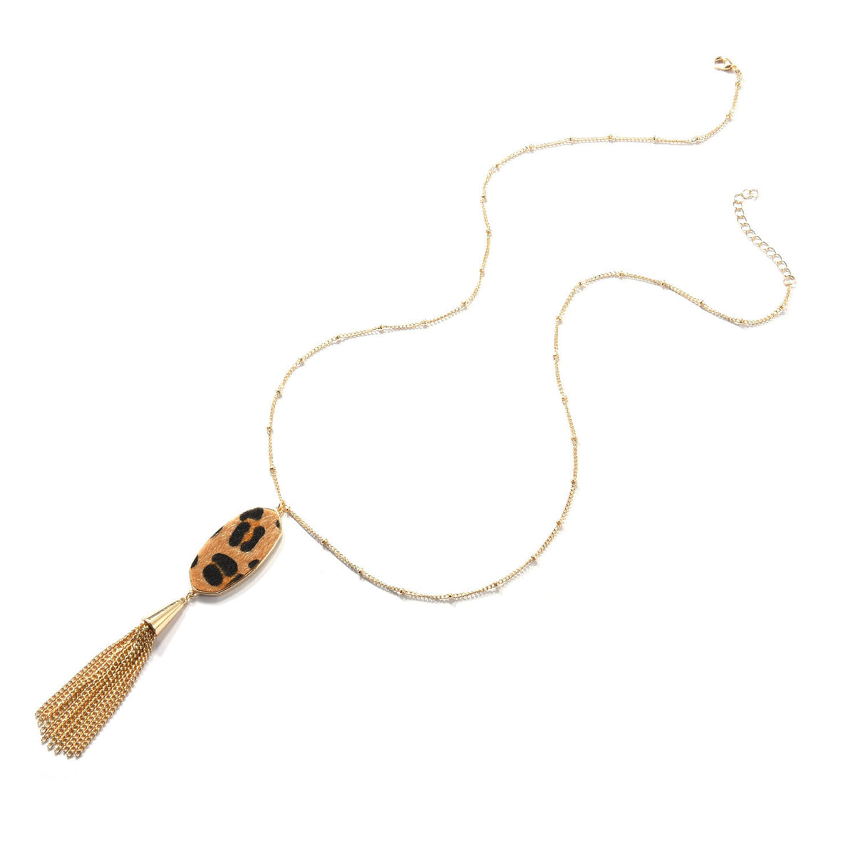 Tan Polyurethane and 18K Gold-Plated Slender Oval Tassel Pendant Necklace, gold pendant necklace for women, side view