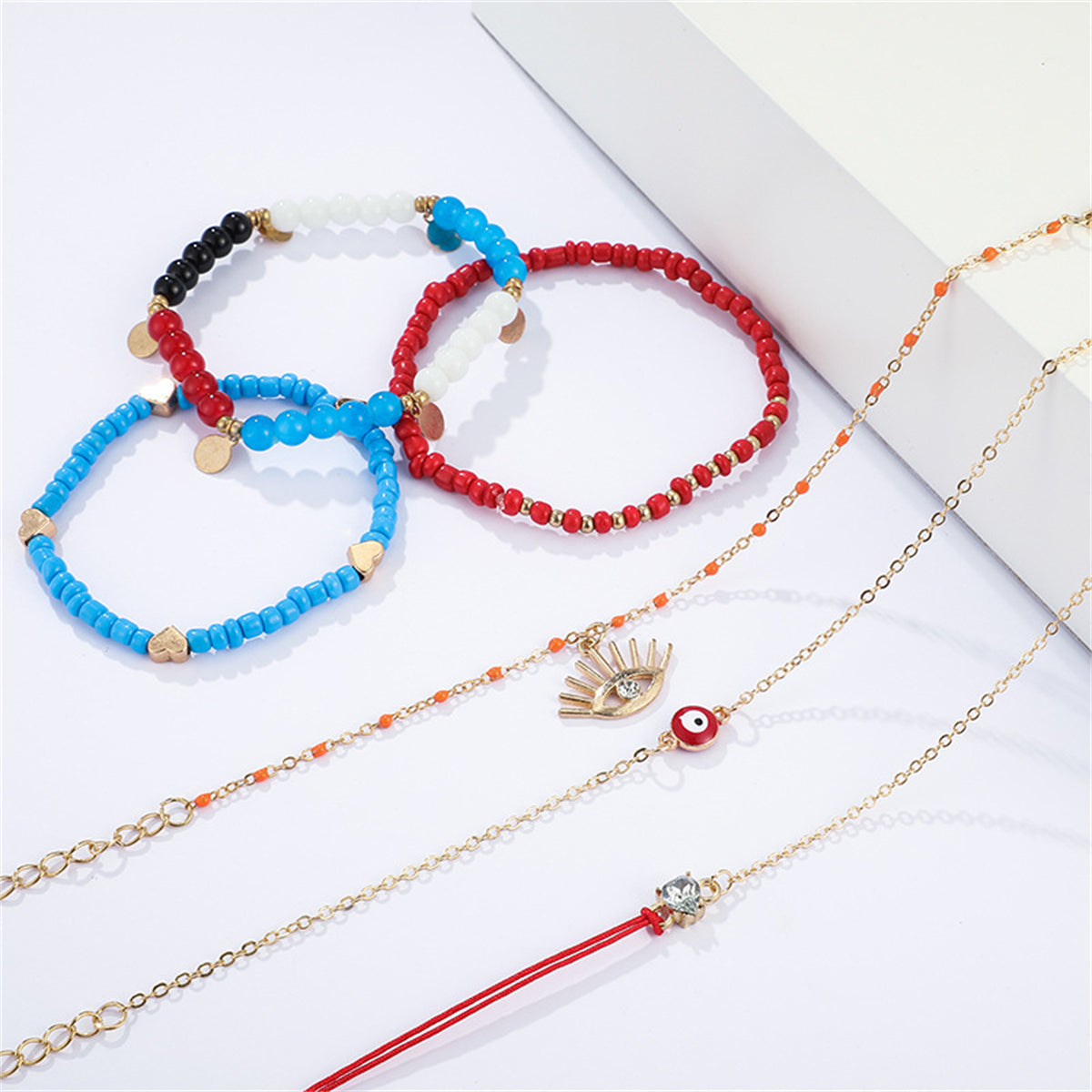 Red & Blue Beaded Evil Eye Anklet Set