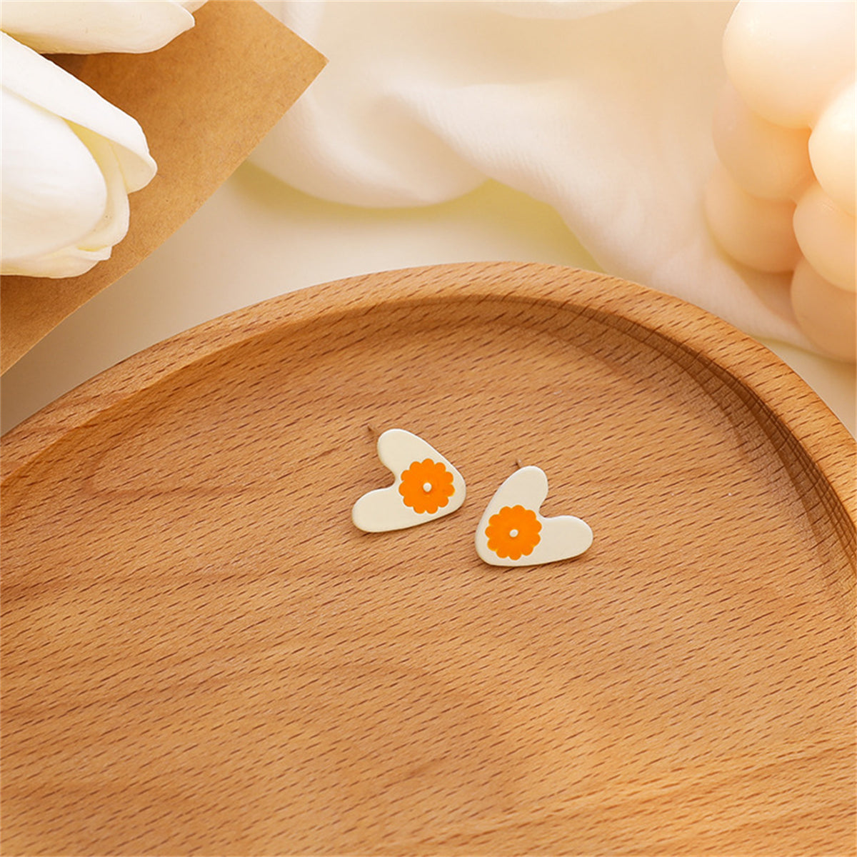 Enamel Flower Heart Stud Earrings, stud earrings for women, dainty minimalist design, side view