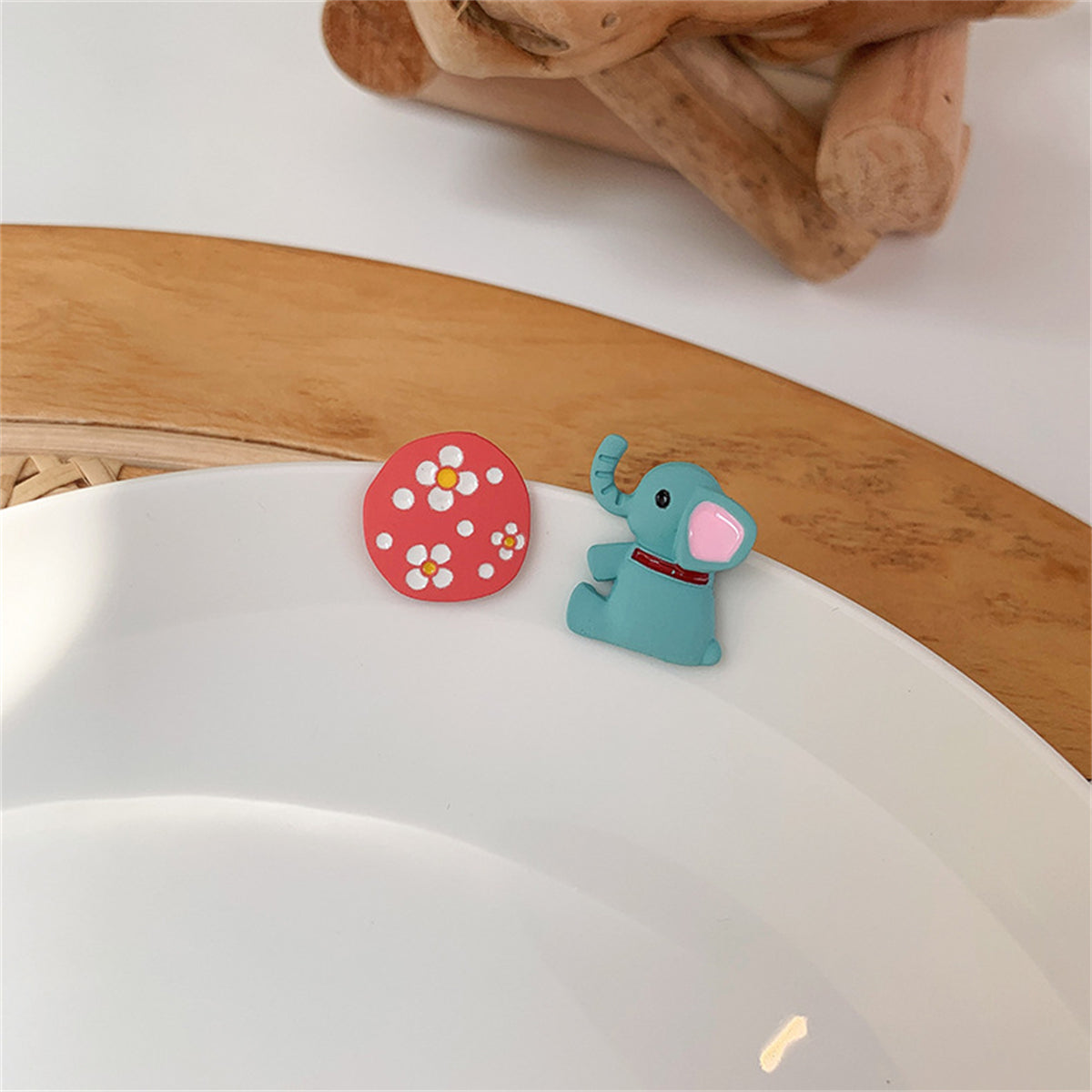Pink Flower and Teal Enamel Elephant Mismatch Stud Earrings, stud earrings for women, dainty minimalist design, styled look