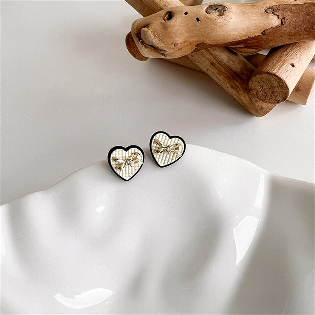 Cubic Zirconia & Beige Enamel Bow Heart Stud Earrings