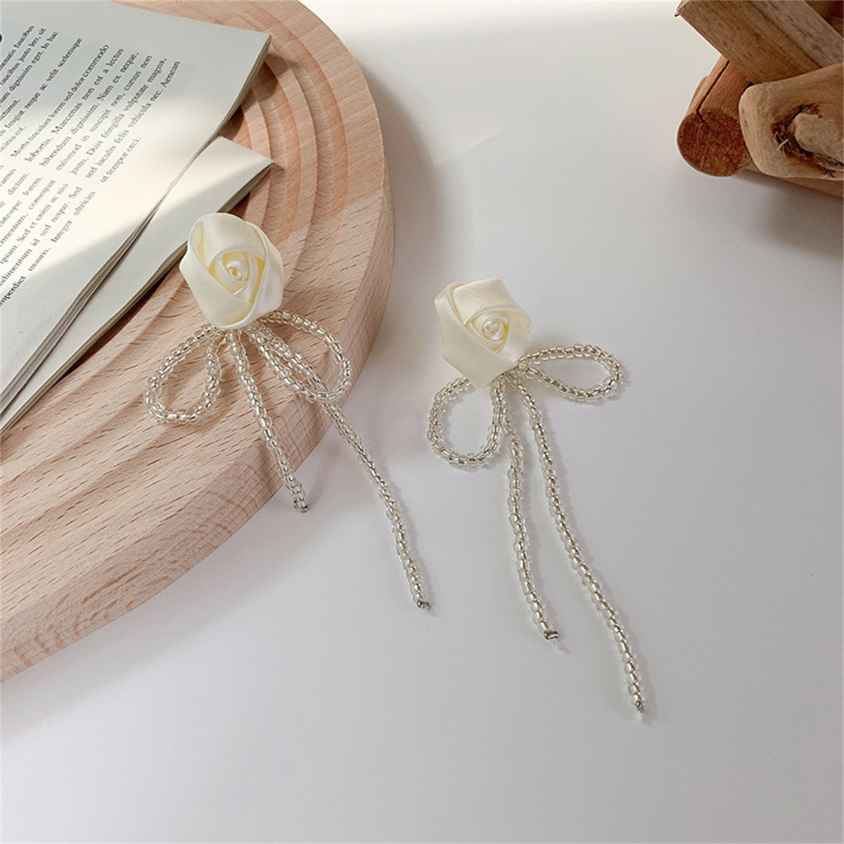 White Textile & Acrylic Rosette Beaded Tassel Drop Earrings