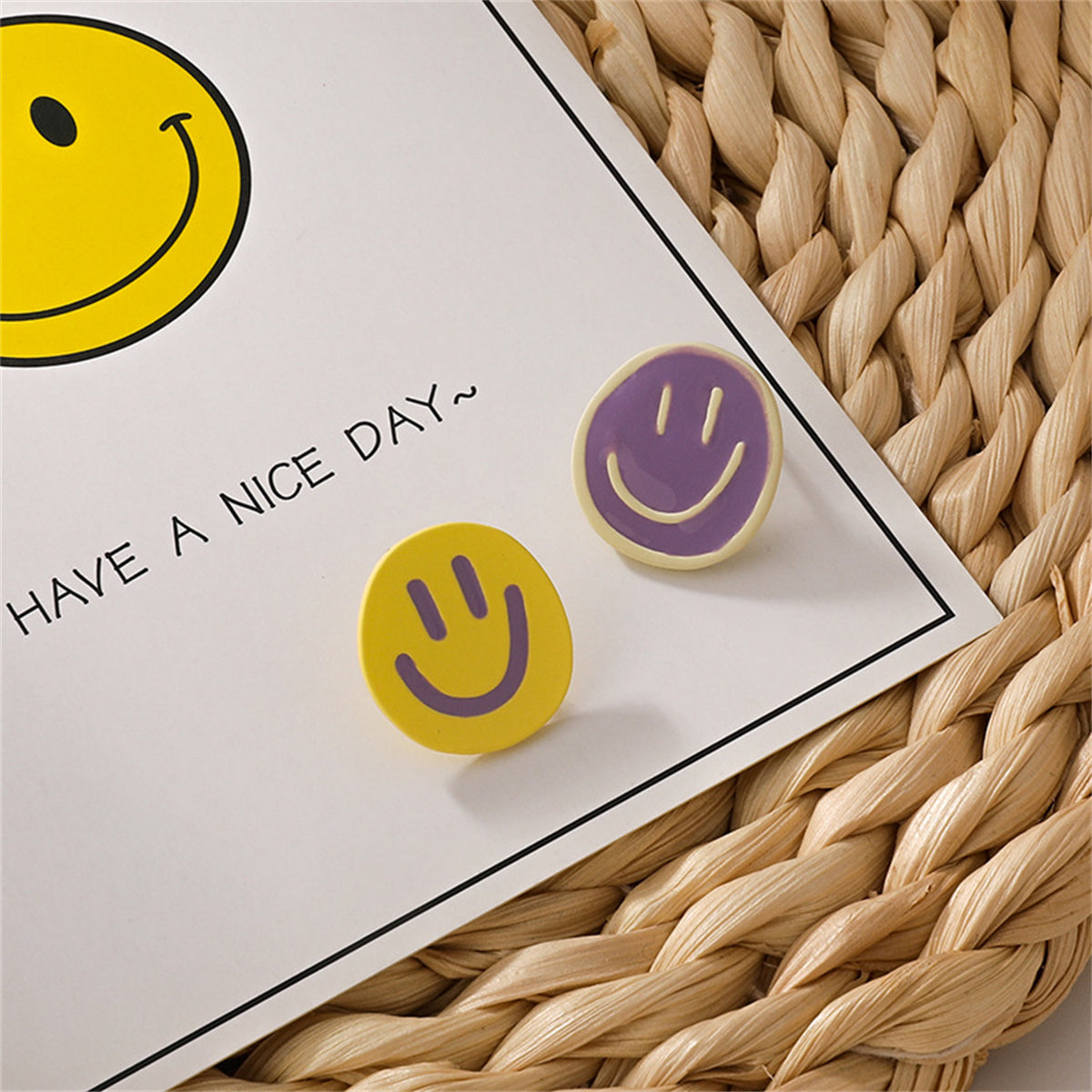 Purple and Yellow Smiley Stud Earrings, stud earrings for women, elegant gift for her, side view
