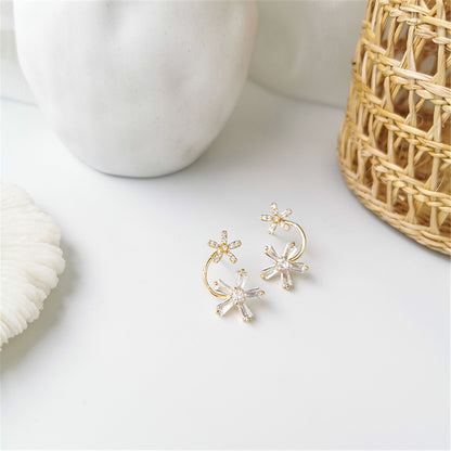 Cubic Zirconia and 18K Gold-Plated Double-Flower Stud Earrings, gold drop earrings for women, detail close-up