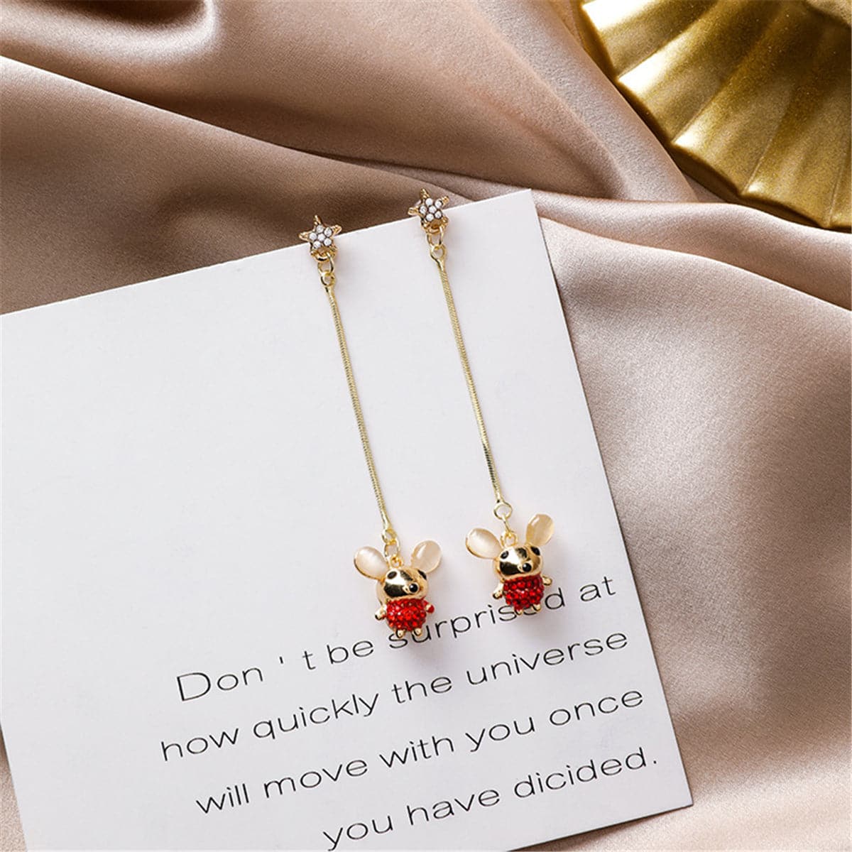 Cubic Zirconia and Cat's Eye Mouse Star Drop Earrings, drop earrings for women, dainty minimalist design, lifestyle look