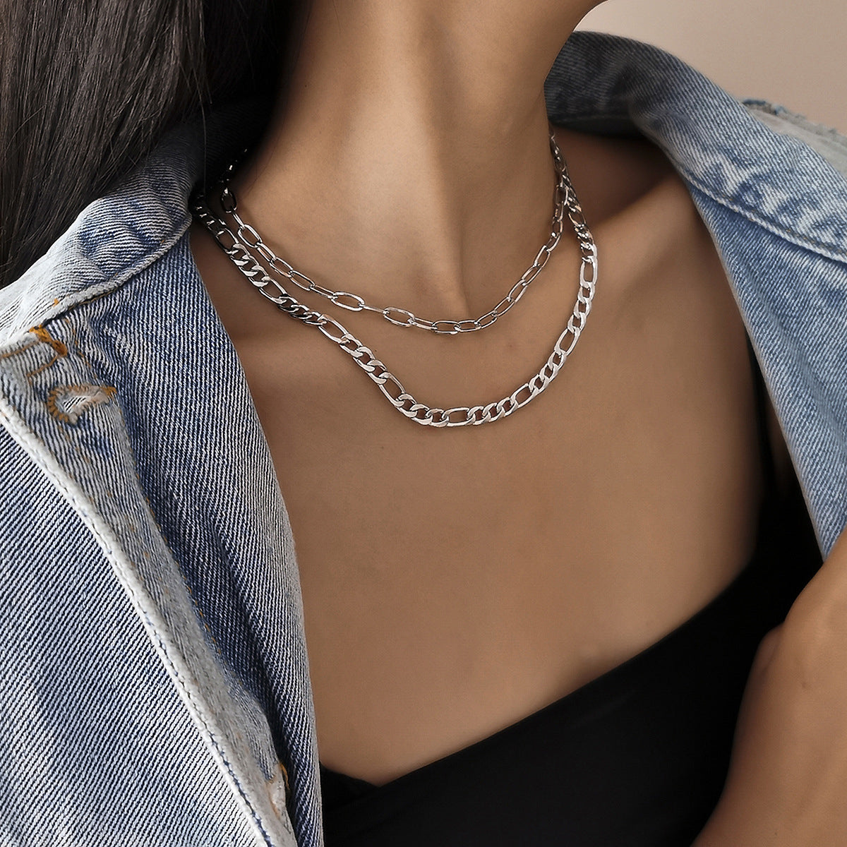 Silver-Plated Figaro Layered Necklace, silver pendant necklace for women, botanical inspired, front view