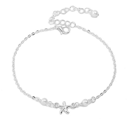 Pearl and Silver Plated Starfish Charm Anklet, silver anklet bracelet, elegant gift for her, side view