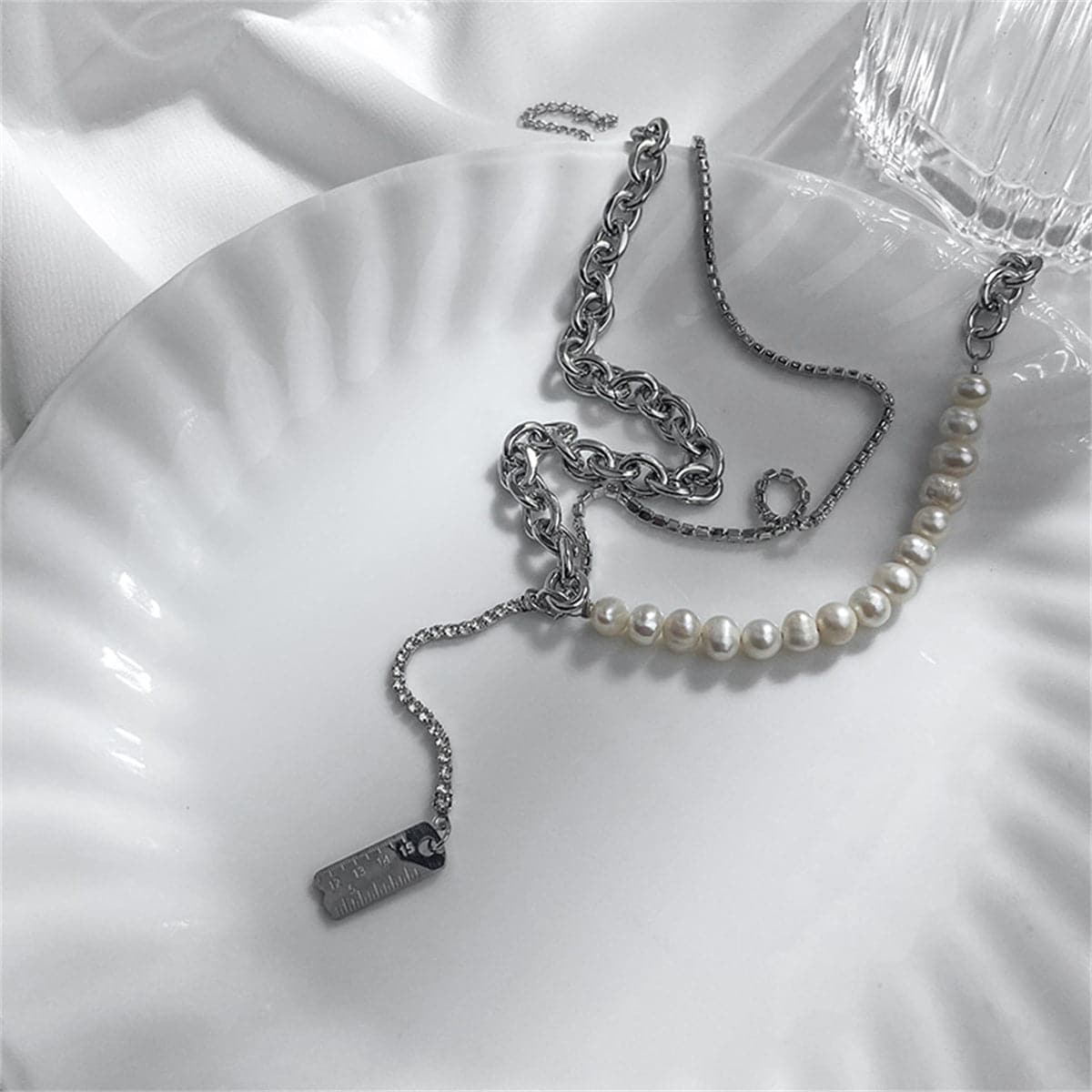Pearl and Cubic Zirconia Ruler Drop Necklace, pendant necklace for women, everyday style, lifestyle look