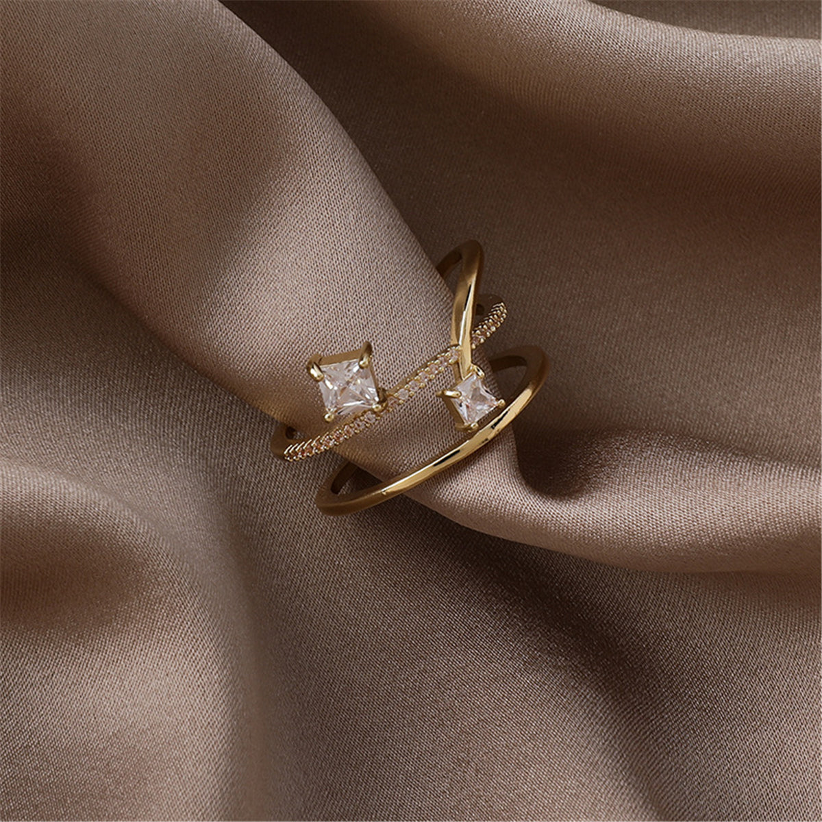 Cubic Zirconia and Crystal 18K Gold-Plated Botany Open Ring, gold statement rings for women, detail close-up