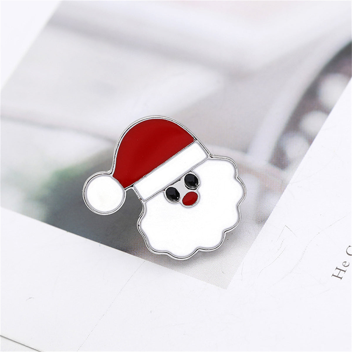Silver-Plated and Red Enamel Santa Face Brooch, silver brooch pin, vintage-inspired design, front view