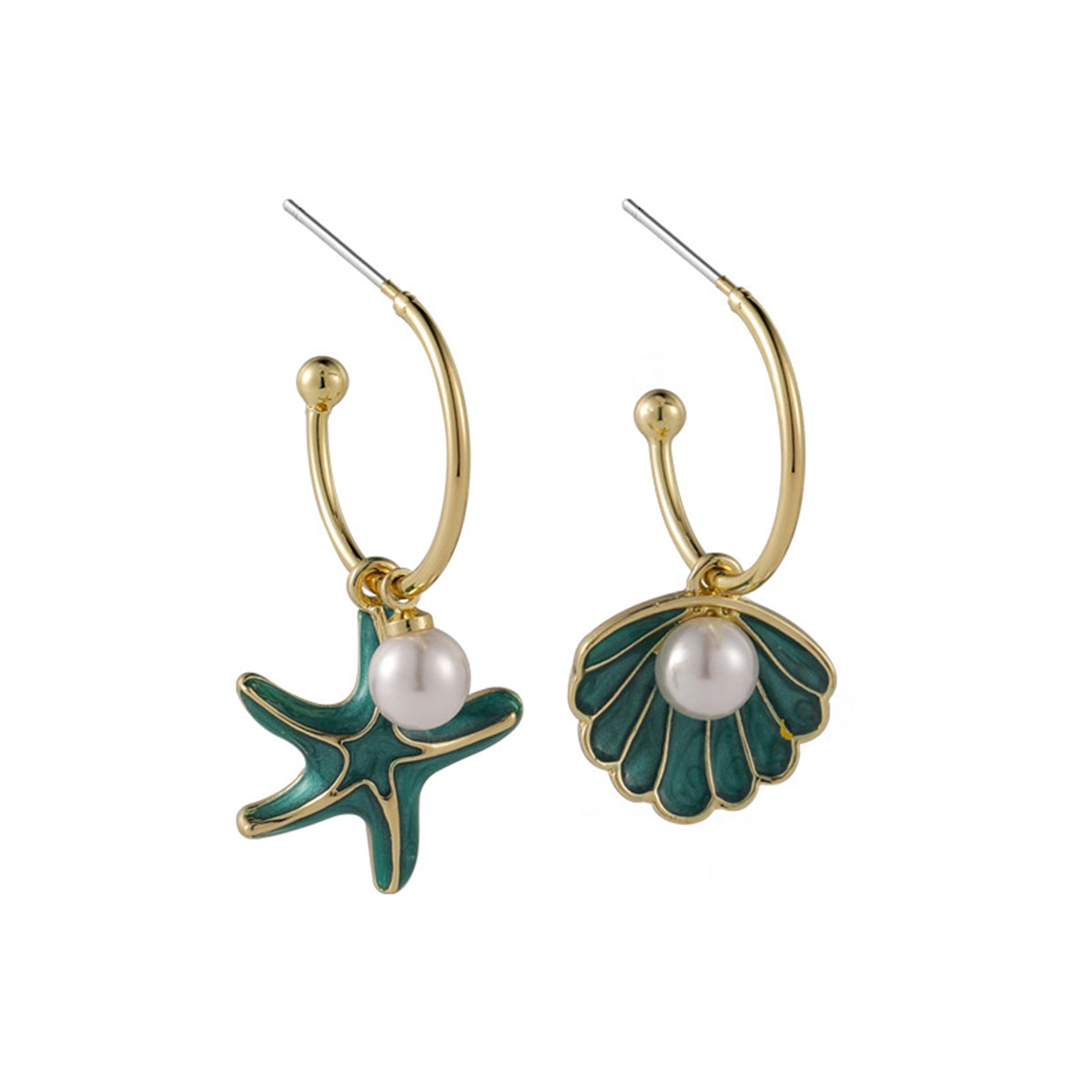 Green Enamel and Pearl Mismatch Shell Starfish Drop Earrings, drop earrings for women, botanical inspired, front view