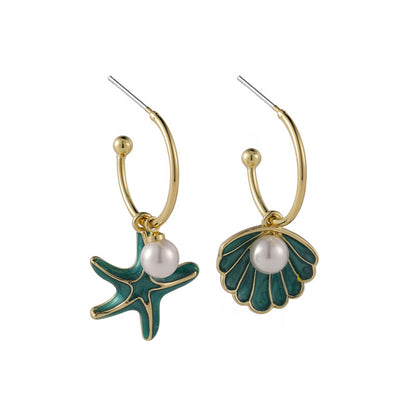 Green Enamel and Pearl Mismatch Shell Starfish Drop Earrings, drop earrings for women, botanical inspired, front view