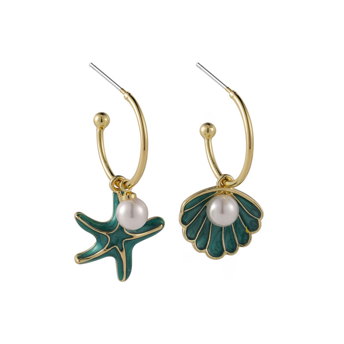 Green Enamel & Pearl Mismatch Shell Starfish Drop Earrings