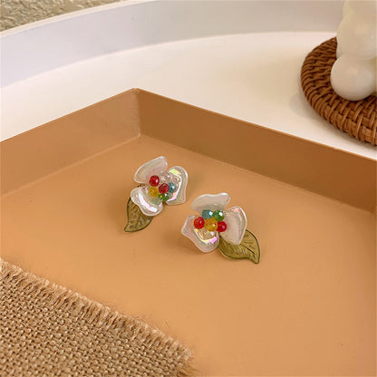 Iridescent White and Olive Floral Drop Earrings, drop earrings for women, botanical inspired, front view