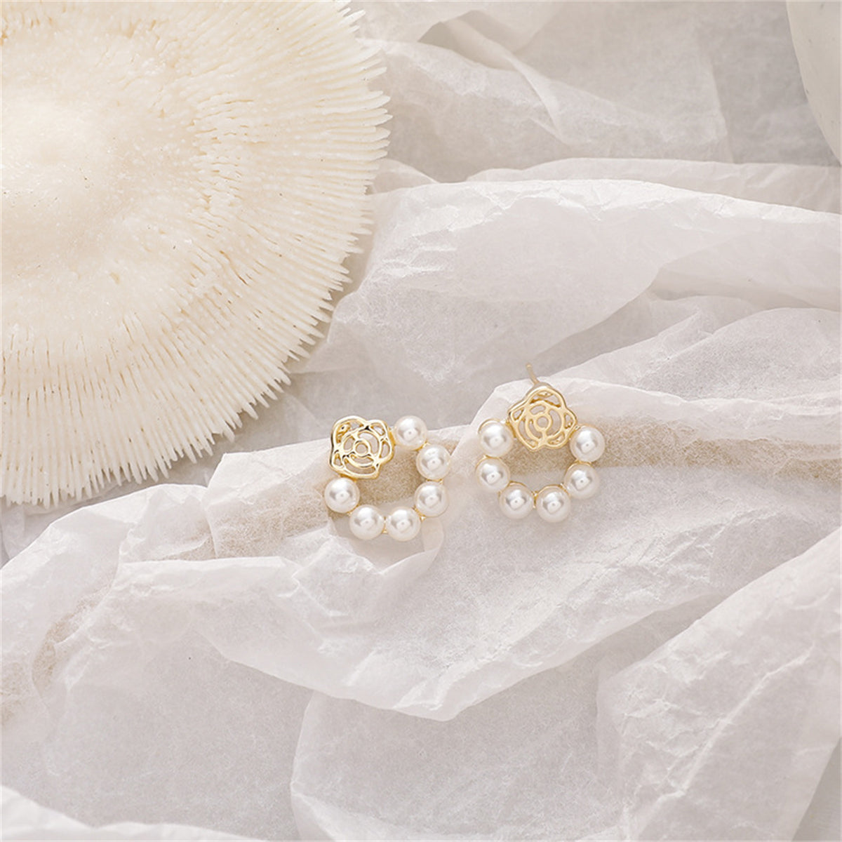 Pearl & 18K Gold-Plated Rose Stud Earrings