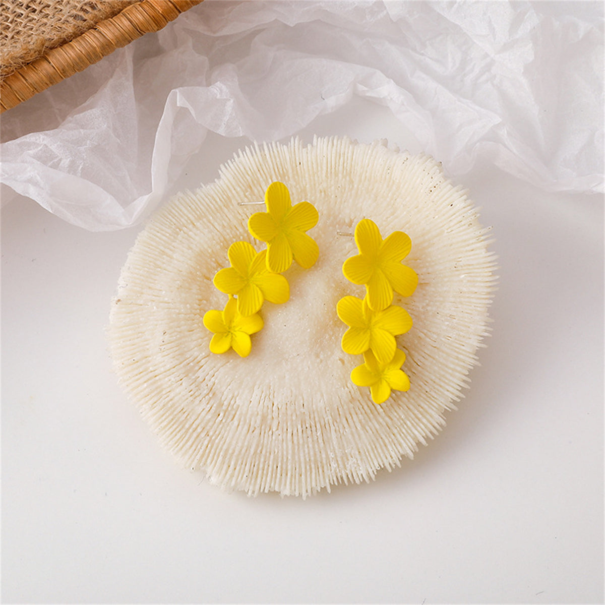 Yellow Enamel and Silver-Plated Linked Flower Drop Earrings, silver drop earrings for women, everyday style, styled look