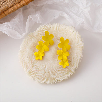 Yellow Enamel and Silver-Plated Linked Flower Drop Earrings, silver drop earrings for women, everyday style, styled look