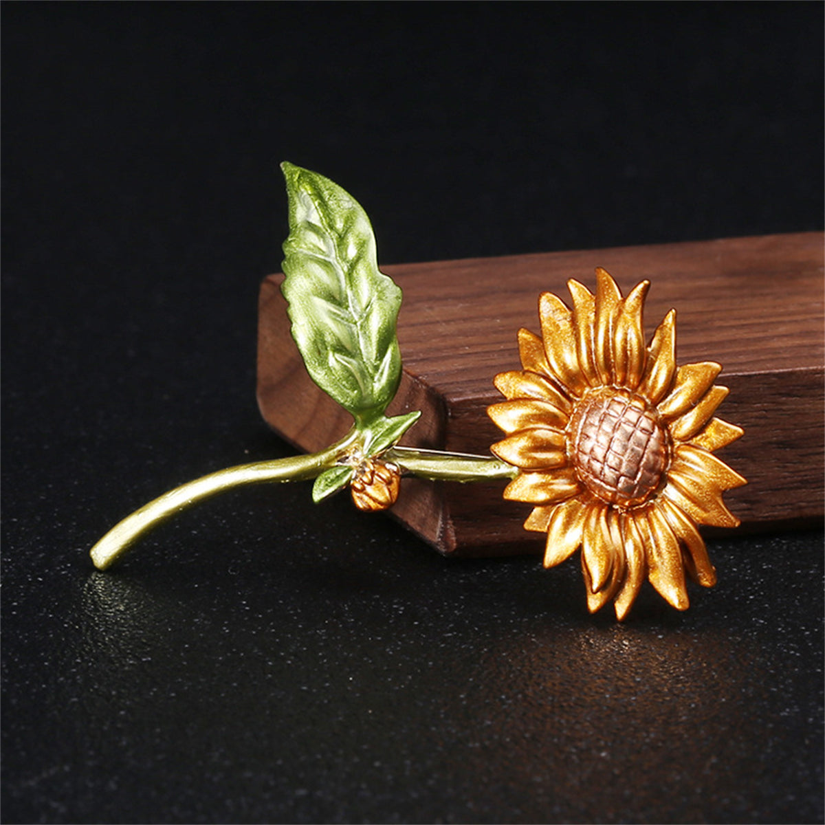 Green Enamel & 18K Gold-Plated Sunflower Brooch