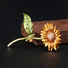 Green Enamel & 18K Gold-Plated Sunflower Brooch