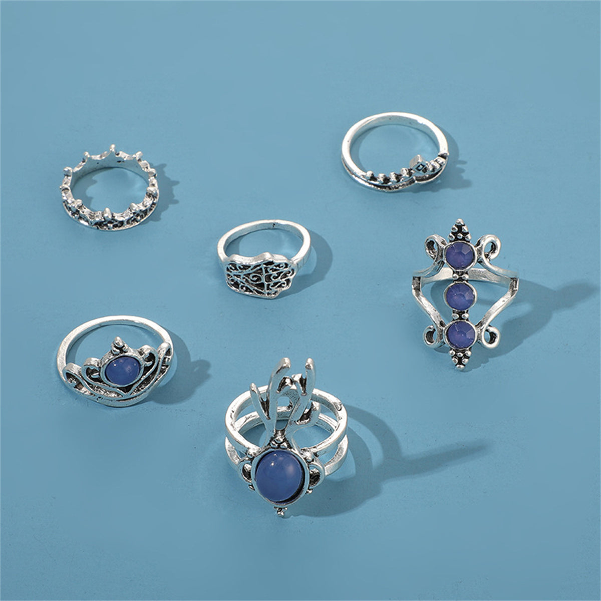 Blue Resin & Cubic Zirconia Silver-Plated Antler Crown Ring Set