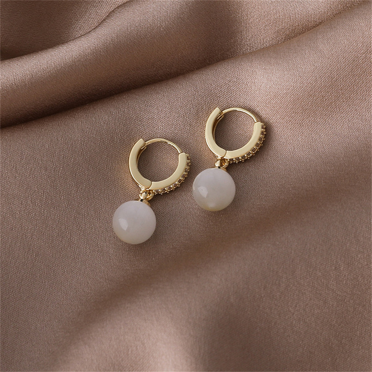 White Cubic Zirconia & Cat'S Eye 18K Gold-Plated Circle Sphere Huggie Earrings