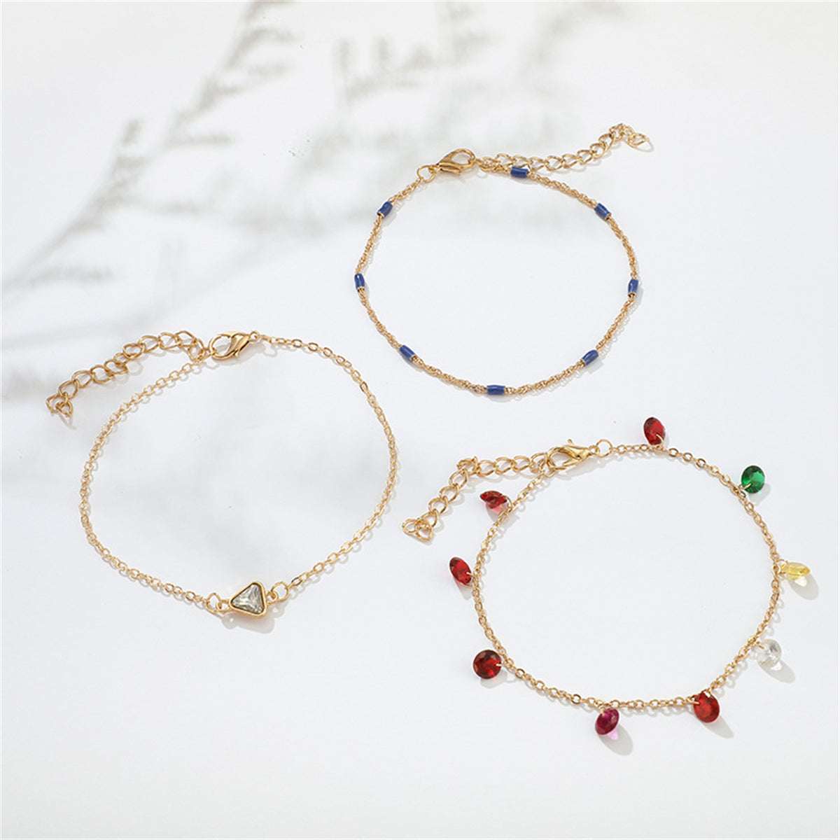 Cubic Zirconia & 18K Gold-Plated Triangle Charm Anklet Set
