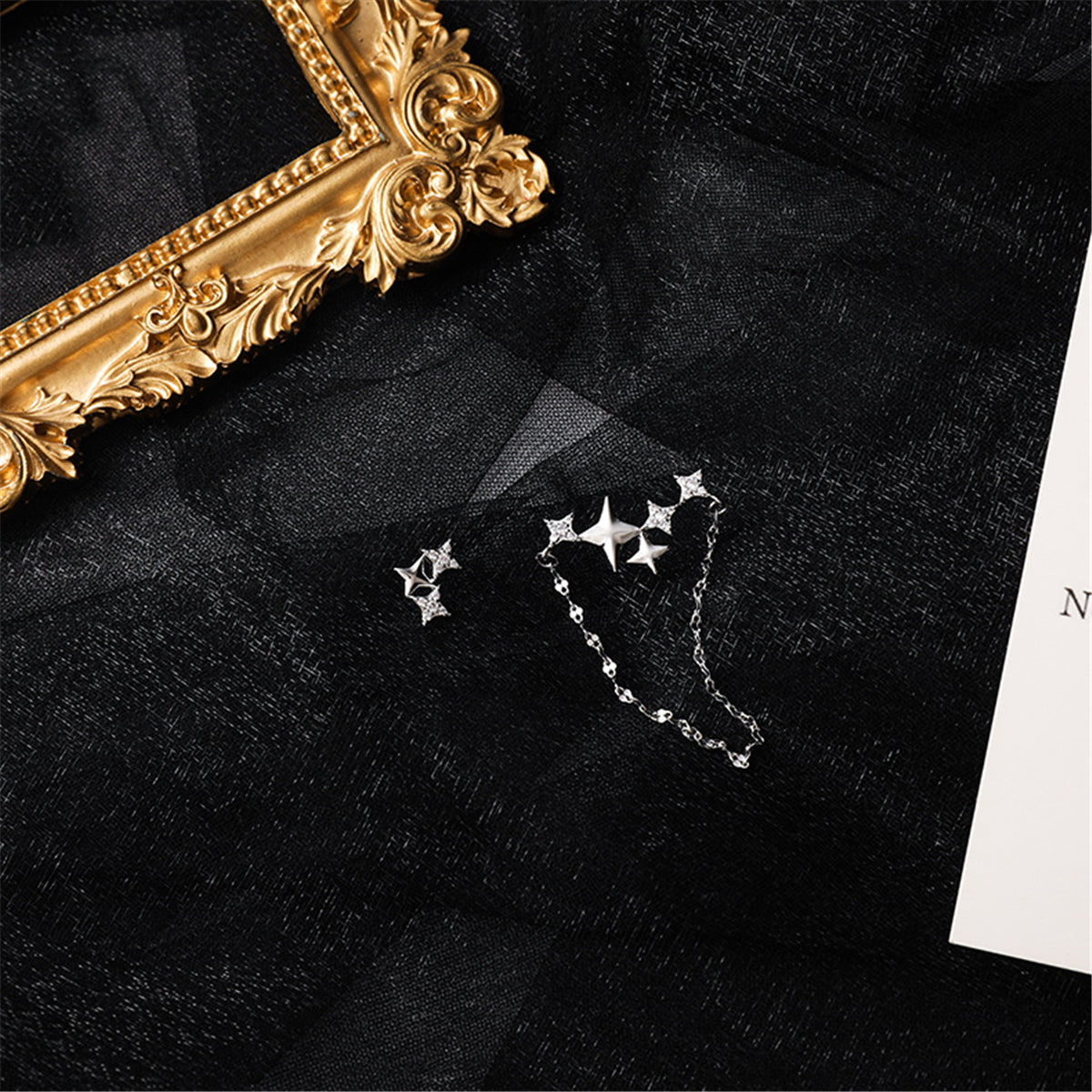Cubic Zirconia and Silver-Plated Star Stud Earrings Set, silver stud earrings for women, elegant gift for her, front view
