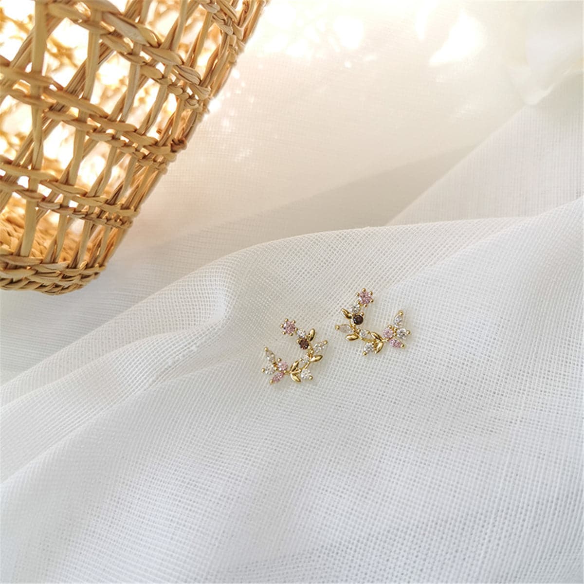 Cubic Zirconia and 18K Gold-Plated Floral Stud Earrings, gold stud earrings for women, botanical inspired, detail close-up
