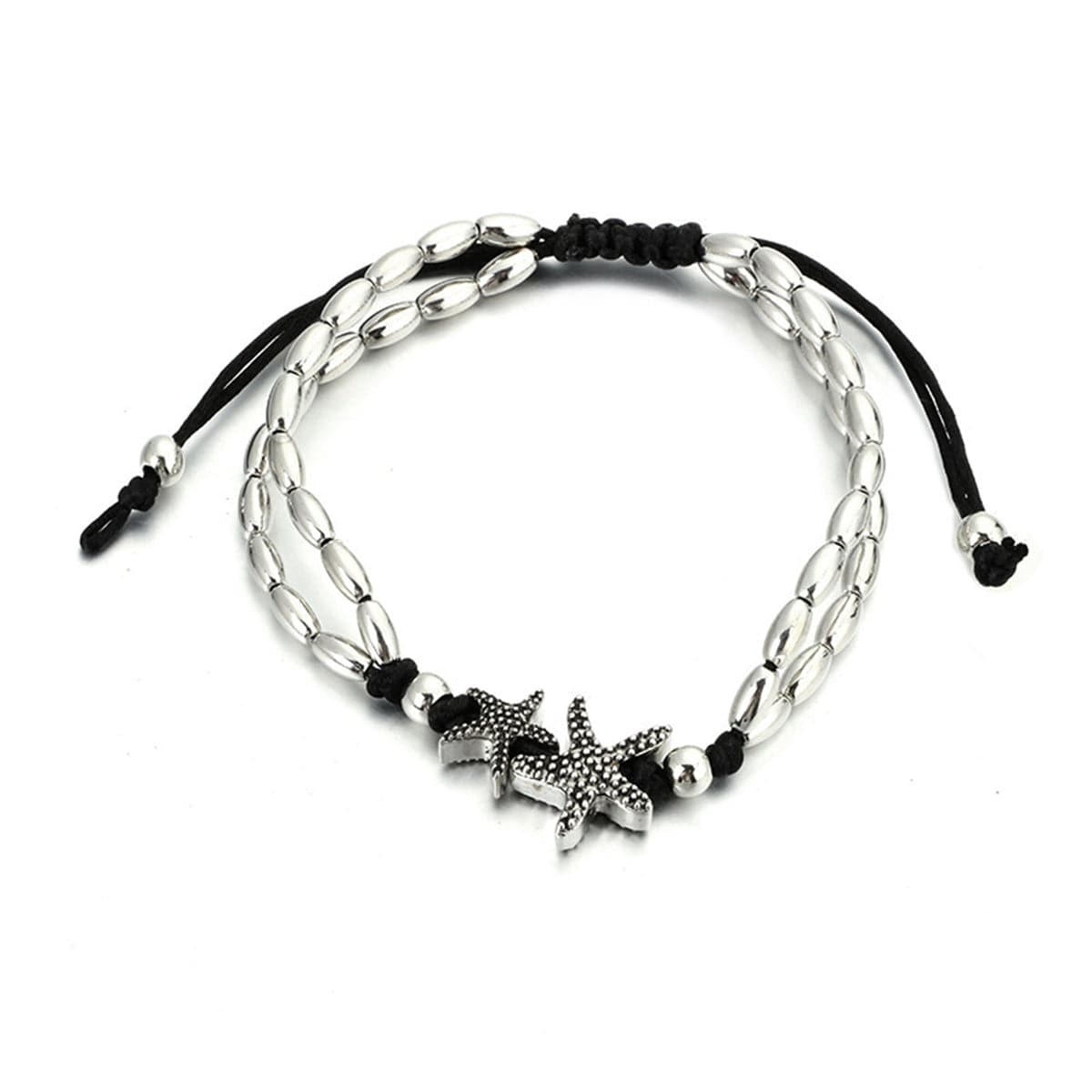Black and Silver-Plated Starfish Charm Adjustable Anklet, silver anklet bracelet, botanical inspired, styled look