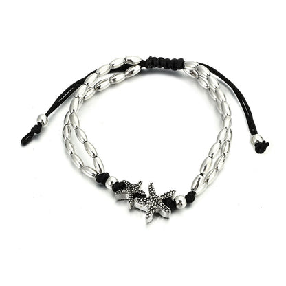 Black and Silver-Plated Starfish Charm Adjustable Anklet, silver anklet bracelet, botanical inspired, styled look