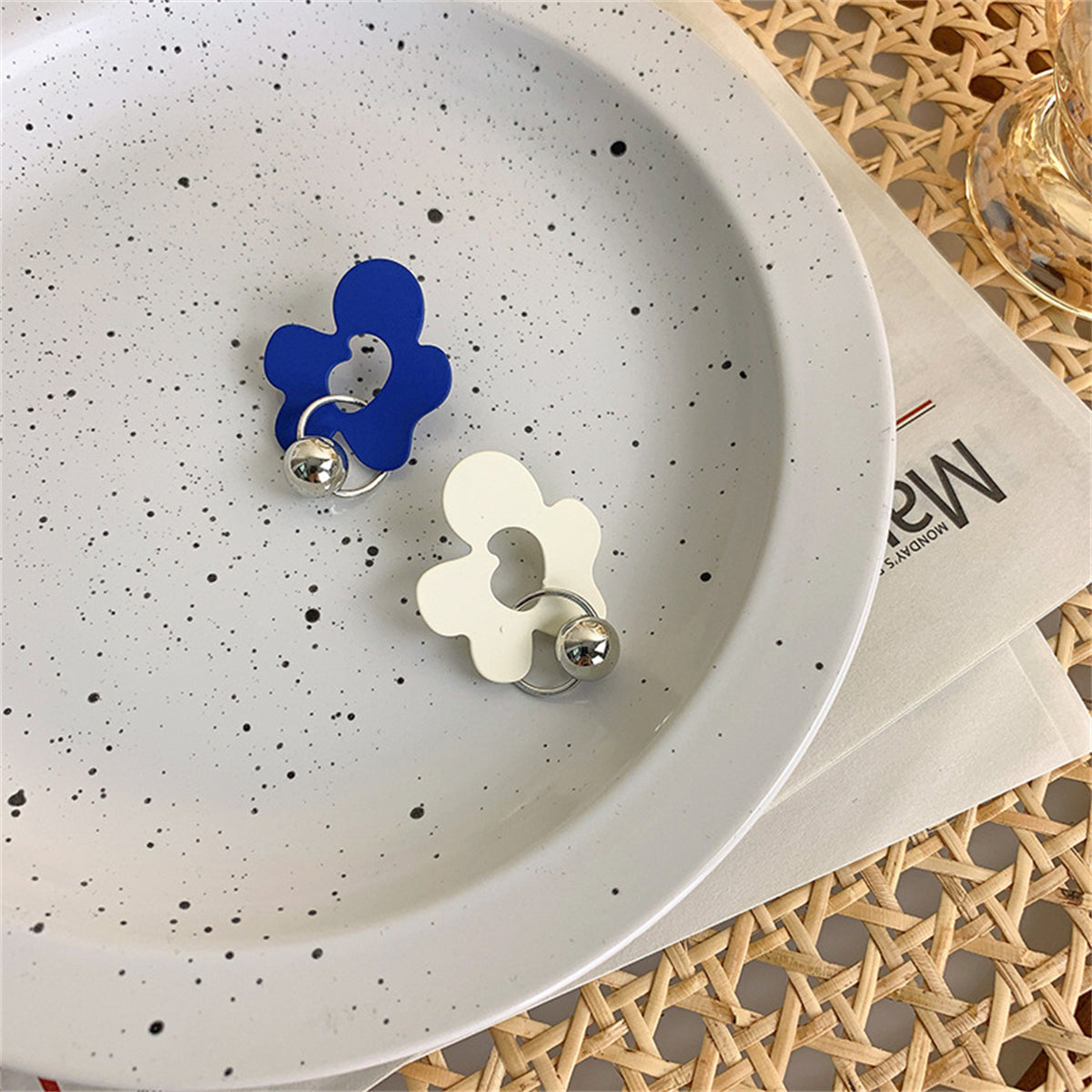 Blue & White Floral Asymmetrical Drop Earrings